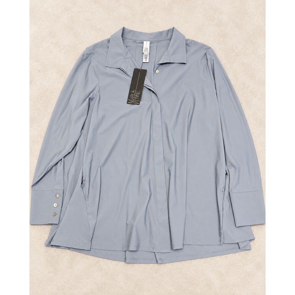 MarlaWynne Women's 1X Blue Stretch Button Up Tunic Blouse Pleated Back NWT